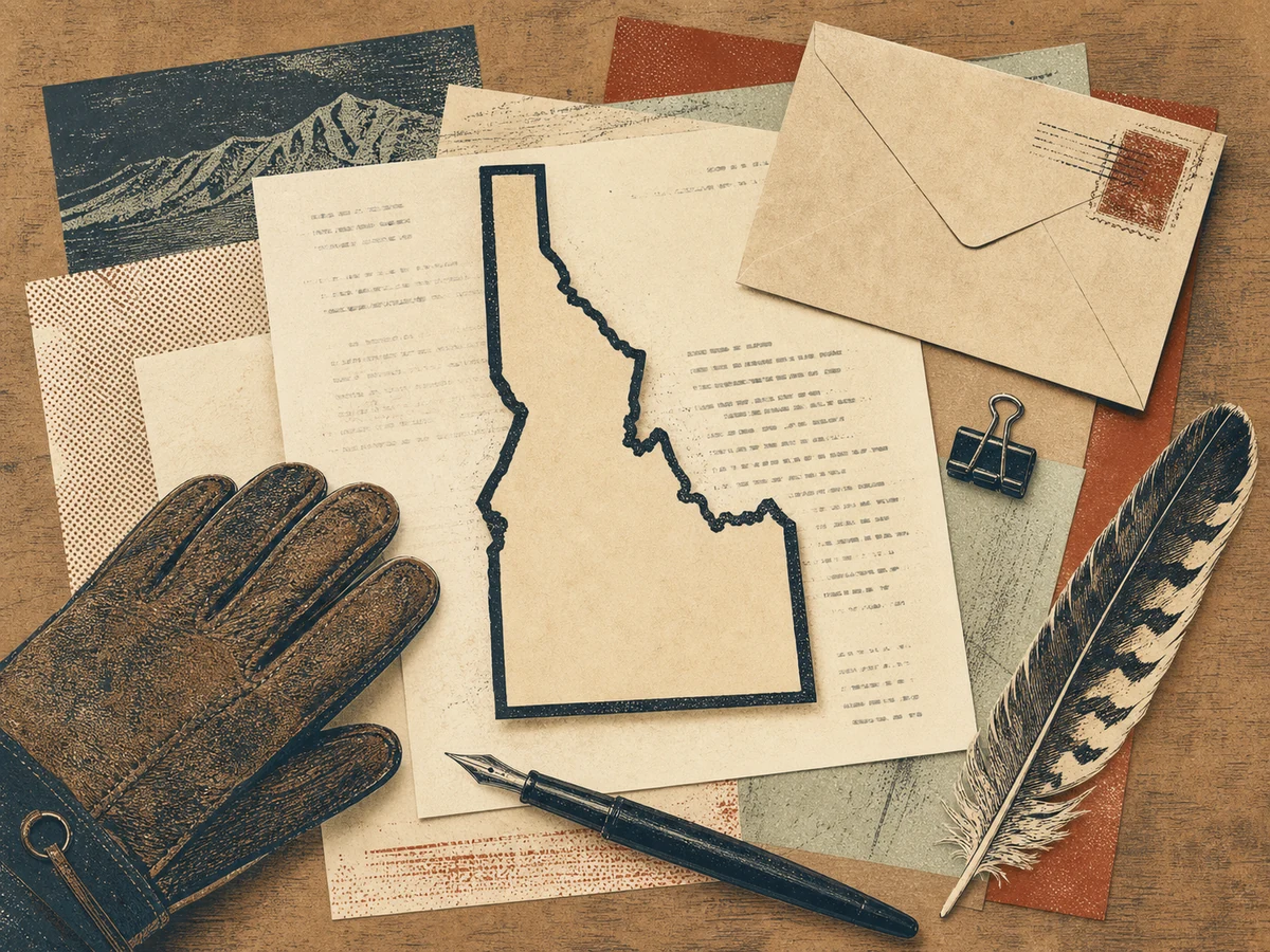 Editorial illustration of correspondence, an Idaho outline, falconry glove, pen, and feather